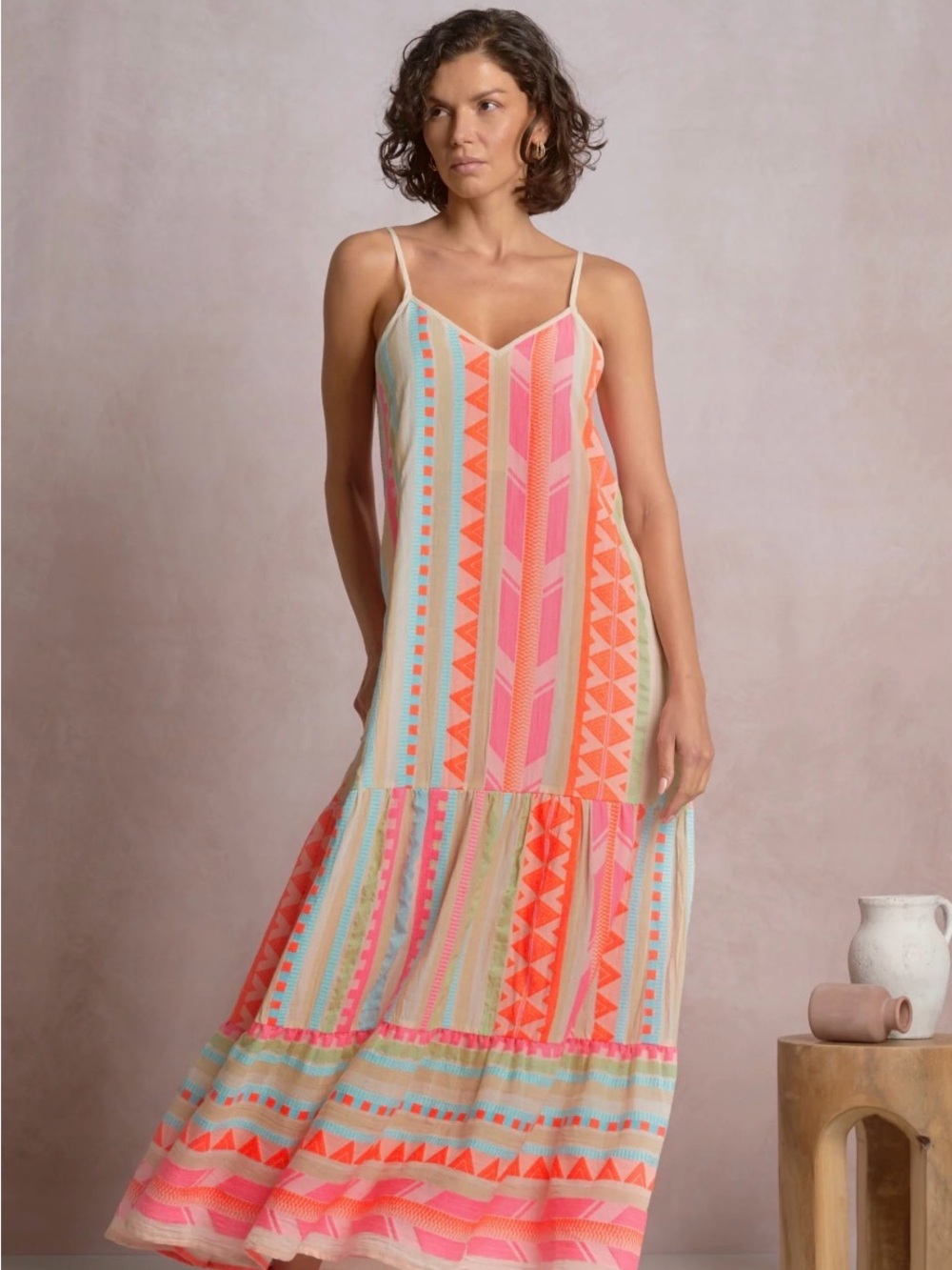 Elan Coral & Pastel Striped Boho Maxi Dress